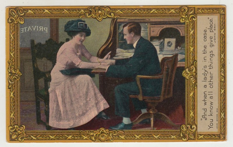 P2936,  nice good old days postcard romance old desk private office man & woman