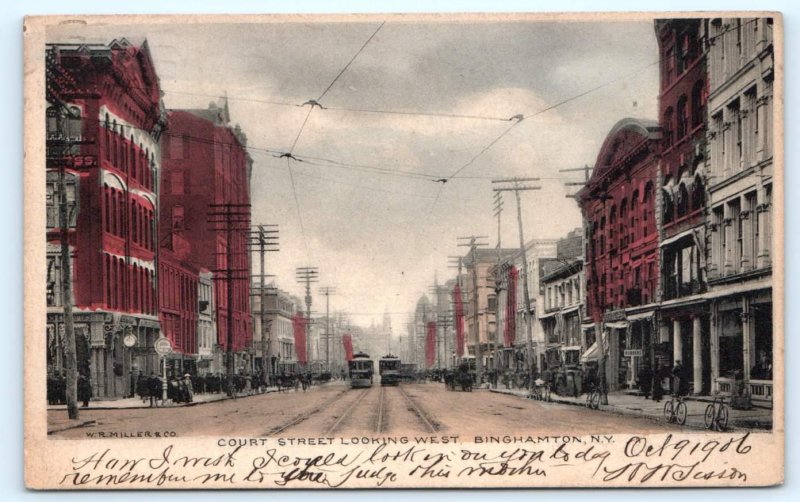 BINGHAMTON, New York NY ~ Handcolored COURT STREET Scene 1906 UDB Postcard
