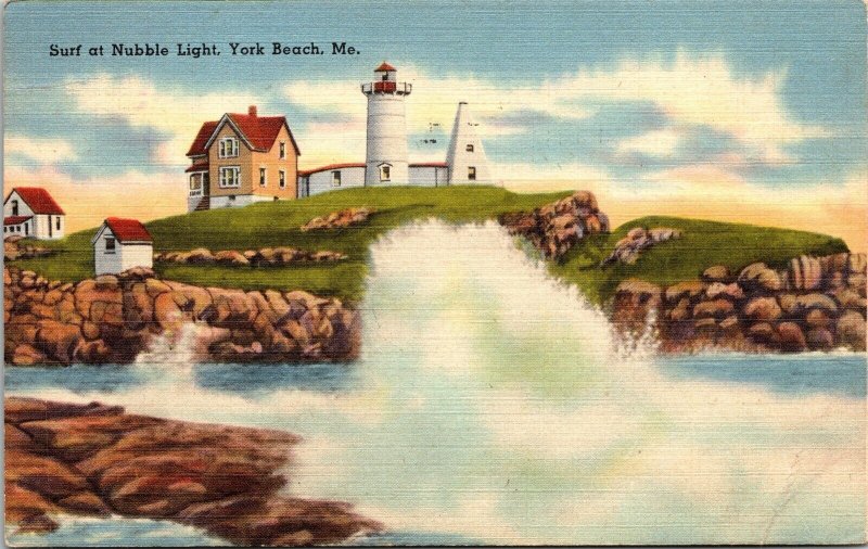 Nubble Light Surf York Beach Maine Scenic Coastal Linen Cancel WOB Postcard 