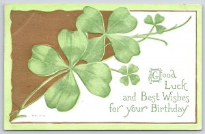 1915 Good Luck And Best Wishes For Your Birthday Lucky Four Leaf Posted Postcard