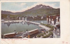 Switzerland Luzern Quai mit Bruecke und Pilatus