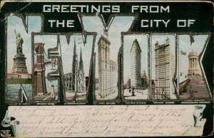 B579 United States New York City large letters multi views glitter novelty 1906
