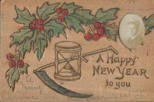 Vintage 1906 Wood New Year's Postcard - Mistletoe Photo of Man in Milkman Hat