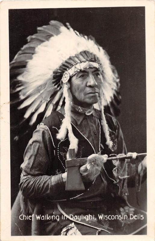 E6/ Native American Indian RPPC Postcard 1949 Wisconsin Chief Walking Daylight38 