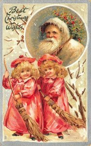 Tuck Best Christmas Wishes Children Brown Suited Santa Two Girls Postcard