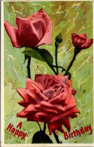 Vtg 1910s Happy Birthday Greeting Pink Roses Unused Postcard