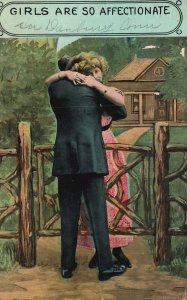 Vintage Postcard Girls Are So Affectionate! Sweet Lovers Hugging Each Other Art