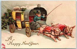 Postcard - A Happy New Year - Holiday Greeting Card - Pig Drawn Carriage Art 