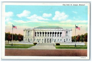 c1940's City Hall Building Full View US Flag Stairs St. Joseph Missouri Postcard