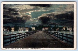 1920's CHESTERTOWN MARYLAND CHESTER RIVER WOODEN BRIDGE BY MOONLIGHT NIGHT VIEW