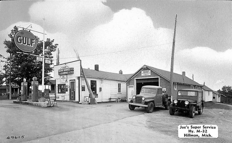 Hillman MI Joe's Gulf Gas Station Pumps Cabins Jeeps Dexter Postcard PROOF