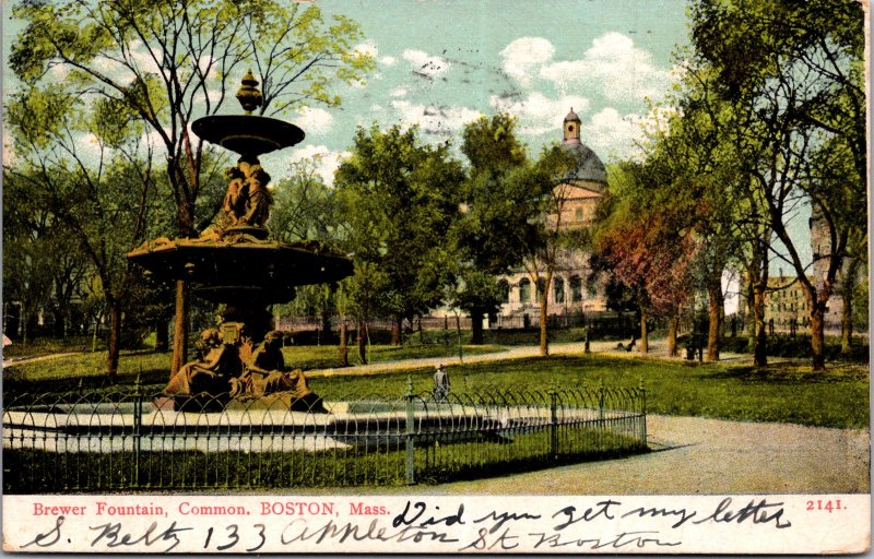 Brewer Fountain Boston MA State House no gold dome Park St c1905 vtg postcard