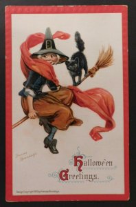 Mint Witch on Broom with Black Cat (Hallowe'en) Halloween Greetings Postcard 