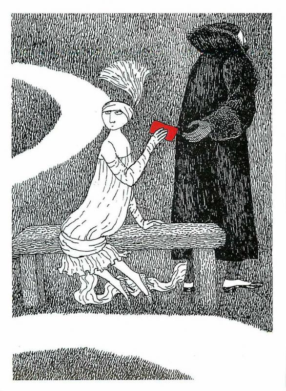 Woman on Bench Passes a Message Furtively by Edward Gorey - Large Postcard