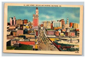 Vintage 1940's Postcard Light Street Skyline & Wharves Baltimore Maryland