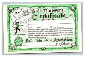 Vintage 1956 Postcard Bull Throwers Association Certificate Funny