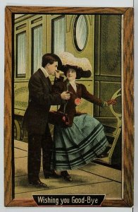 Romance Wishing you Good-Bye Woman Bording Train c1910 Postcard O13