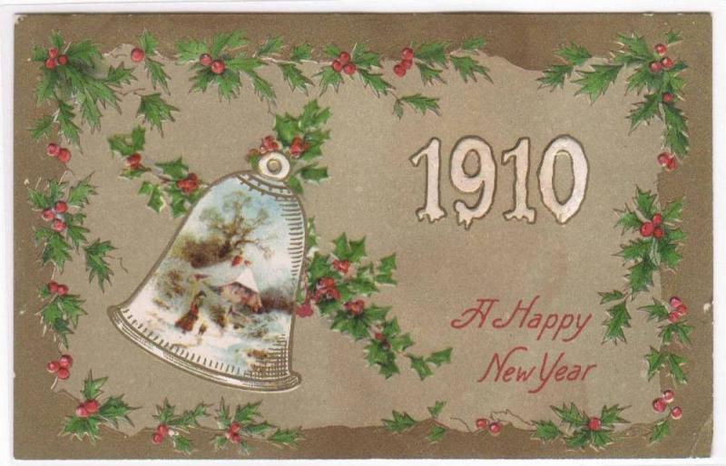 New Year Date Bell & Holly 1910 embossed postcard