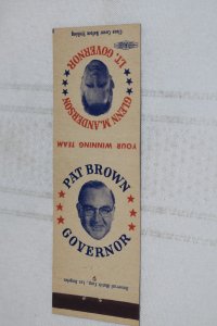 Pat Brown Governor Glenn M. Anderson Lt. Governor 20 Strike Matchbook Cover