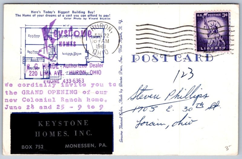 K29/ Huron Ohio Postcard Chrome Keystone Homes Hinde Advertising 74
