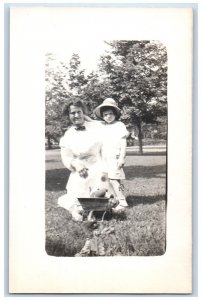 c1910's Mother And Daughter Wheelbarrow Toys Antique RPPC Photo Postcard