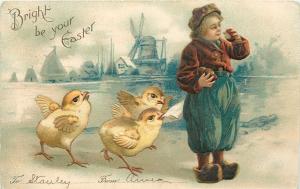 Clapsaddle Easter~Chicks Clamor For Bite of Dutch Boys Apples~Windmill~IAPC