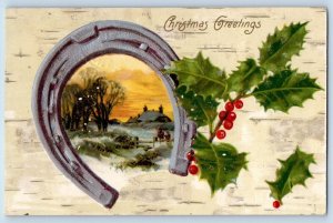 Christmas Postcard Greetings Horseshoe Holly Berries Winter Scene Waterville MN