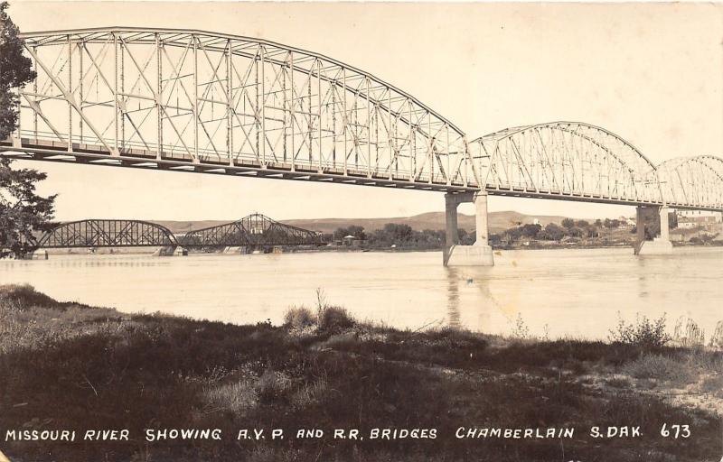 Chamberlain South Dakota~Missouri River Showing AYP & RR Bridges~1930s RPPC