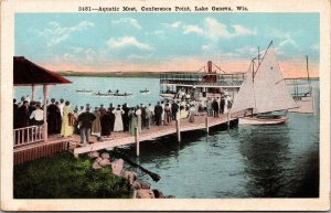 Postcard Wisconsin Lake Geneva Aquatic Meet Conference Point Sailboat 1920s V48
