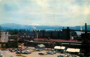 Autos Birdseye Camas Washington 1950s Columbia River Mt Hood postcard 7745