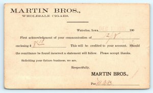 1900 Martin Bros Cigars Receipt Postcard US Jefferson Postal Card Waterloo IA A1