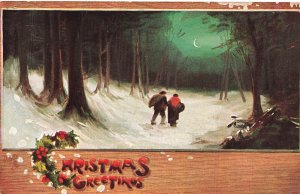 Walking through Snow by Moonlight-Christmas Greetings~1910 Tuck Oilette Postcard