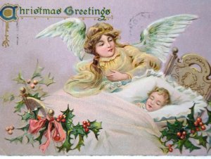 Christmas Postcard Baby Jesus Angel With Wings Bedside 1908 Tucks Series 102