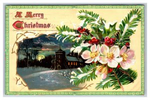 Night View Church Pine Bough Merry Christmas Embossed DB Postcard J18