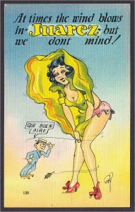 At Times the Wind Blows in Juarez Mexico Risque Comic Postcard by Sandoval 1940s