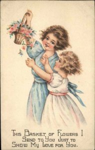 Beautiful Little Girls with Basket of Flowers c1910 Vintage Postcard