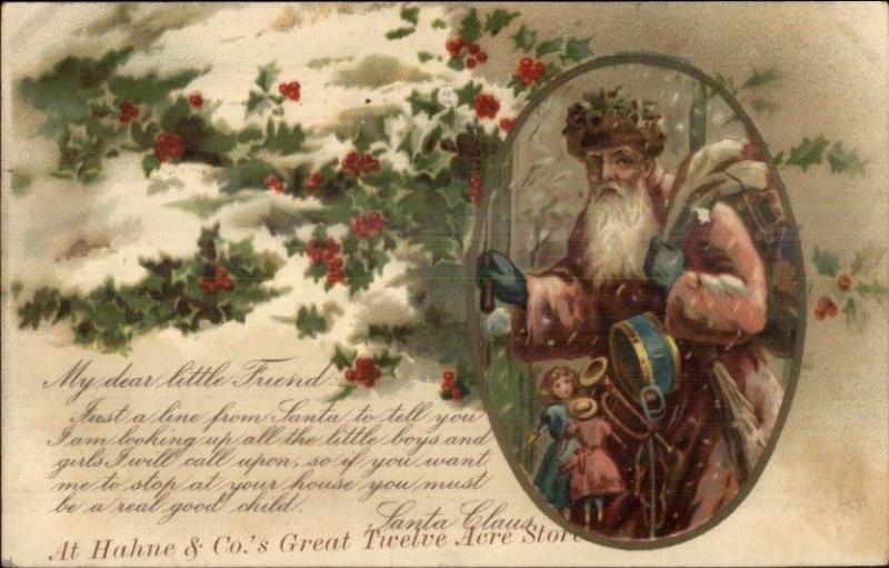 Christmas - Old World Santa Claus Hahne & Co 12 Acre Store Overprint Adv PC