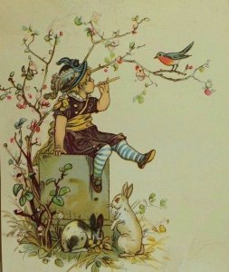 1870's-80's Victorian Trade Card Girl Flute Rabbits Bird Playmate Covers P53