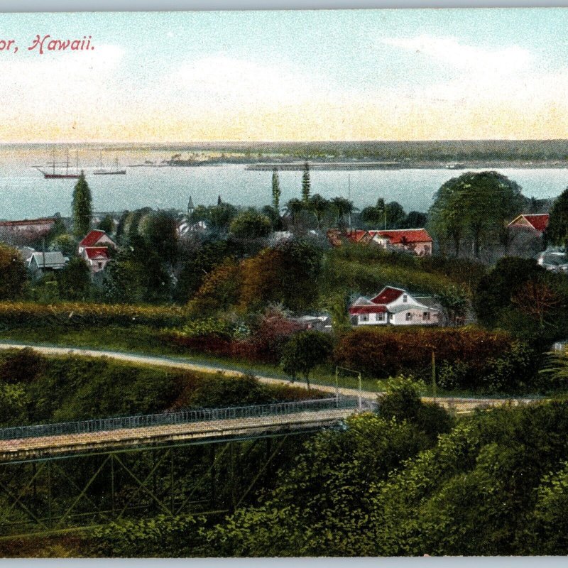 c1910s Hawaii Territory HI, Hilo Harbor Birds Eye Port Sailboat Bridge Card A187