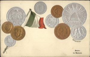 Mexico Coins Money Curreny Embossed on c1910 Postcard - Used