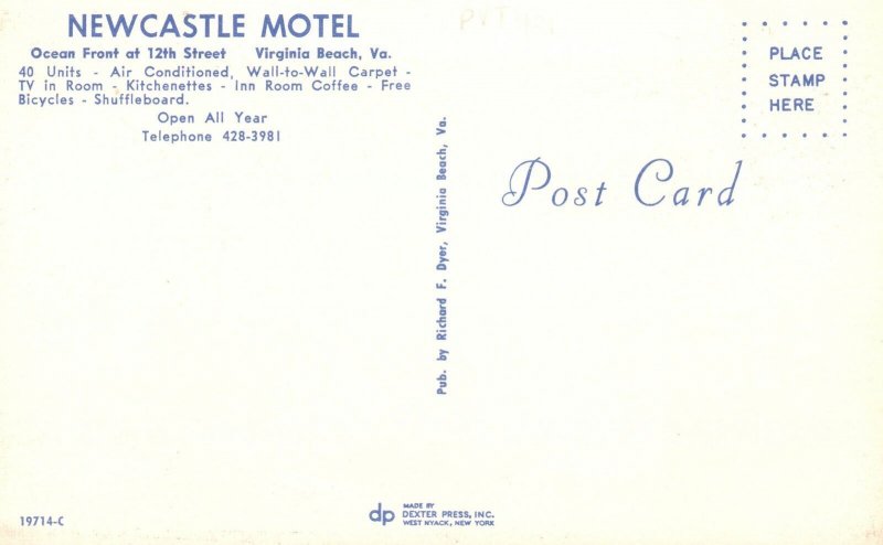 Vintage Postcard New Castle Motel Shuffleboard Ocean Front Virginia Beach VA