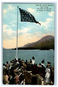 c1910 Black Flag with Stars, Black Mt and the Narrows, Lake George NY Postcard