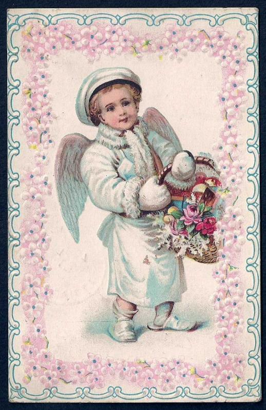 Boy Angel in Winter Clothes & Flowers Used 1907