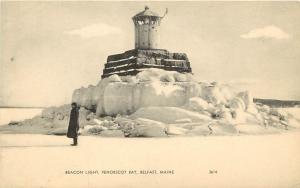 1930s Postcard Beacon Light House encased in Ice? Penobscot Bay Belfast ME Waldo