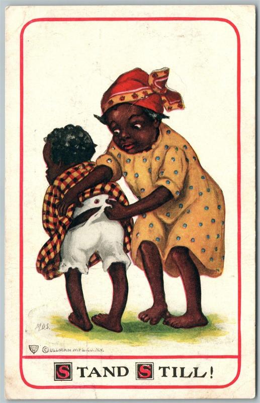 BLACK AMERICANA ARTIST SIGNED STAND STILL ANTIQUE POSTCARD 