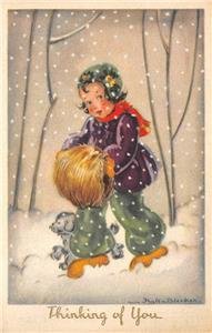 Thinking of You Girl Dog Snow Bleeker Artist-Signed Art Deco Vintage Postcard 