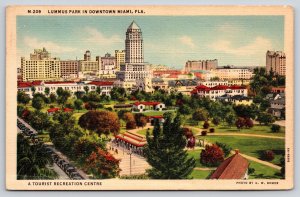 Miami FL~Lummus Park Birds Eye View~Recreation Centre~Skyscraper~Linen 1938 PC