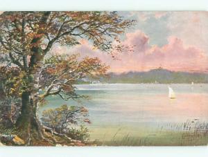 Pre-Linen signed SAILBOAT ON PEACEFUL LAKE SIDE COLORFUL TREE k6412