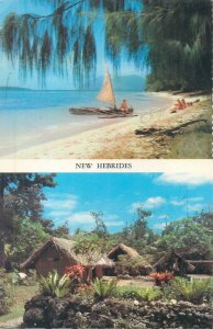 New Hebrides view of beach & village air mail postcard