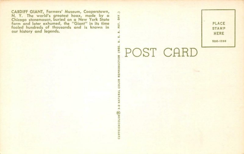 CARDIFF GIANT Farmers' Museum Cooperstown, NY Hoax c1950s Weird Vintage Postcard